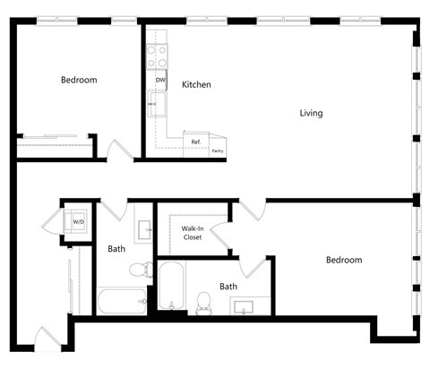 Floor plan for 2 beds, 2 baths, 1175 sqft